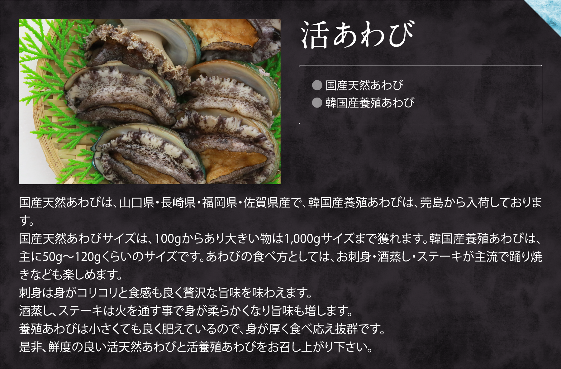 活あわび。国産天然あわびは、山口県・長崎県・福岡県・佐賀県産で、韓国産養殖あわびは、莞島から入荷しております。
国産天然あわびサイズは、100gからあり大きい物は1,000gサイズまで獲れます。韓国産養殖あわびは、主に50g～120gくらいのサイズです。あわびの食べ方としては、お刺身・酒蒸し・ステーキが主流で踊り焼きなども楽しめます。
刺身は身がコリコリと食感も良く贅沢な旨味を味わえます。
酒蒸し、ステーキは火を通す事で身が柔らかくなり旨味も増します。
養殖あわびは小さくても良く肥えているので、身が厚く食べ応え抜群です。
是非、鮮度の良い活天然あわびと活養殖あわびをお召し上がり下さい。
